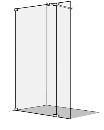 [1613C0515] Cloison latérale S808 sans cadre, pose libre avec élément de battante 120,1-140 cm, H 200 cm, tube de stabilisation, montage à gauche, verre véritable discret, acier inoxydable