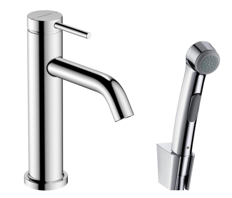 [1621C1999] Mélangeur de lavabo TECTURIS S 110, S 116 mm, goulot fixe hauteur d'écoulement 105 mm EcoSmart+, avec douche à main bidette et tuyau de douche 160 cm, avec vidage Push-Open débit 5 l/min, chromé