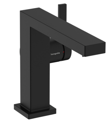 [1621C2027] Mélangeur de lavabo TECTURIS E 110 Fine S 155 mm, goulot fixe hauteur d'écoulement 133 mm EcoSmart+, CoolStart - eau froide par position de levier au milieu, avec vidage Push-Open, débit 4 l/min, noir mat