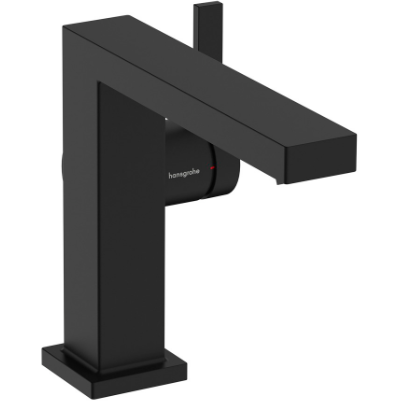 [1621C2029] Mélangeur de lavabo TECTURIS E 110 Fine S 155 mm, goulot fixe hauteur d'écoulement 133 mm EcoSmart+, CoolStart - eau froide par position de levier au milieu, avec vidage excentrique, débit 4 l/min, noir mat