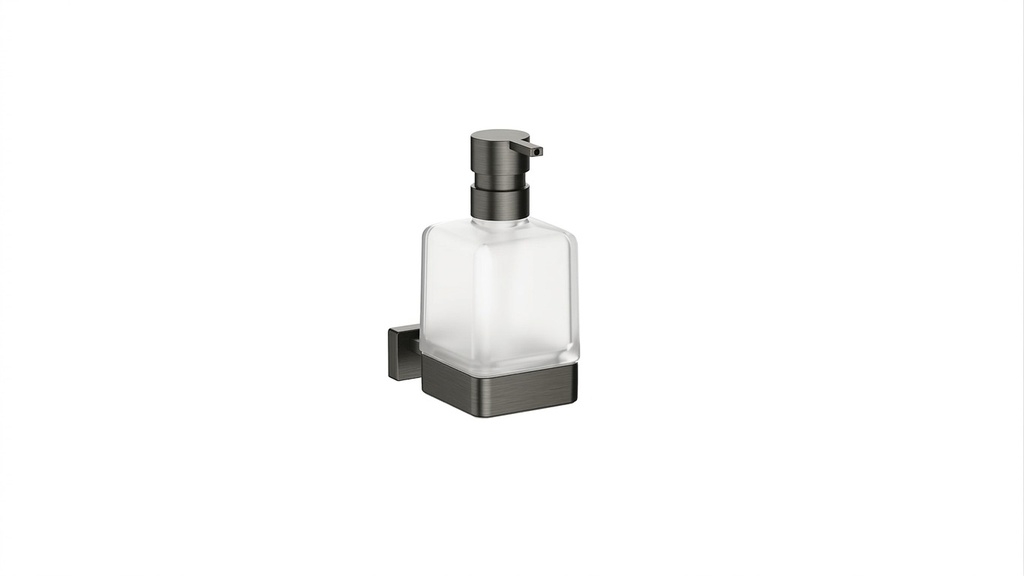 Distributeur de savon LEO, réservoir en verre satiné, Gun metal brossé