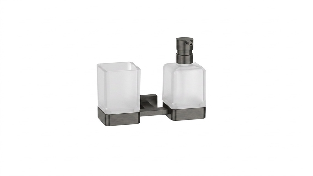 Support double LEO avec verre et distributeur de savon en verre satiné, Gun metal brossé