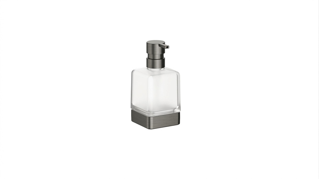 Distributeur de savon LEO, modèle à poser réservoir en verre satiné, Gun metal brossé