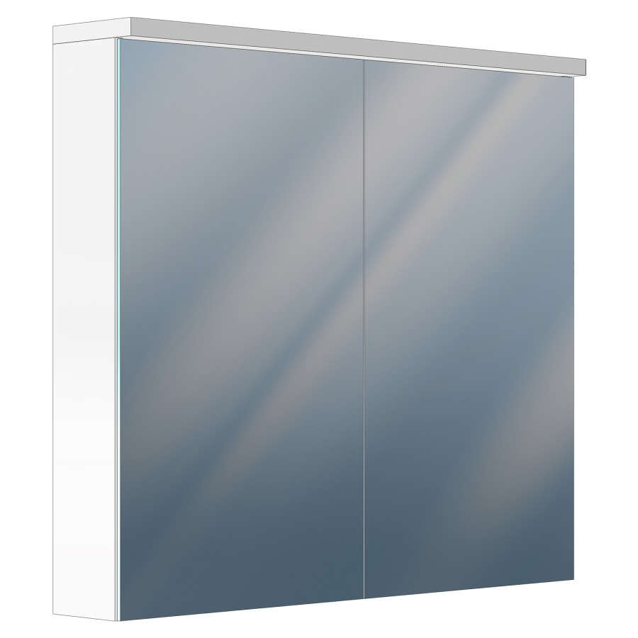 [1617H0452] Armoire de toilette Essenza 80 x 72 x 12/15 cm profil en aluminium 2 portes à double miroir 1 prise double en bas 1 support cosmétique interchangeable, éclairage LED direct en haut 30 W, éclairage LED indirect en bas 3 W Lumen en haut 4180 Lumen en bas 380, IP24, couleur lum. blanc froid 4000K, blanc