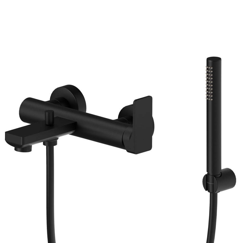 [1621H0963] Mélangeur de bain complet B-EASY E 150 mm, avec raccords excentriques 1/2 x 3/4, flexible 150 cm et douche à main et support douchette, noir mat