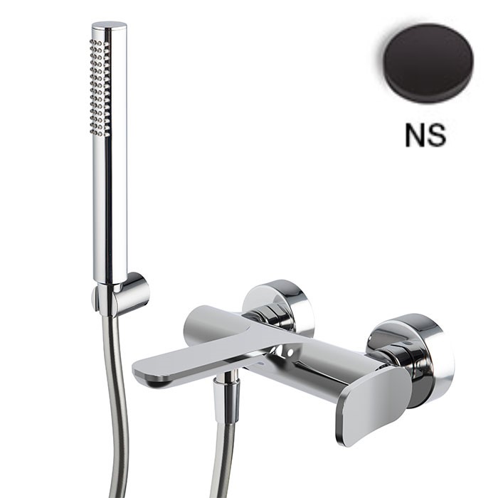 [1621C2151] Mélangeur de bain FLO - E 153 mm, avec deux raccords réglables Ballofix 1/2" - 3/4", Flexible chromalux 1500 mm, support douchette et douchette à main, NS Noir Mat
