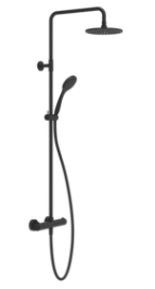 [1621C2196] Colonne de douche EMPORIO SHOWER thermostatique, EC 150, raccords excentrique 1/2"x1/2", douche de pluie diam. 200 mm, inverseur automatique, support orientable sur barre de douche, flexible 150 cm, douchette à main diam. 100 mm anticalcaire, groupe acoustique II, débit 12 l/min, 299 Noir XL