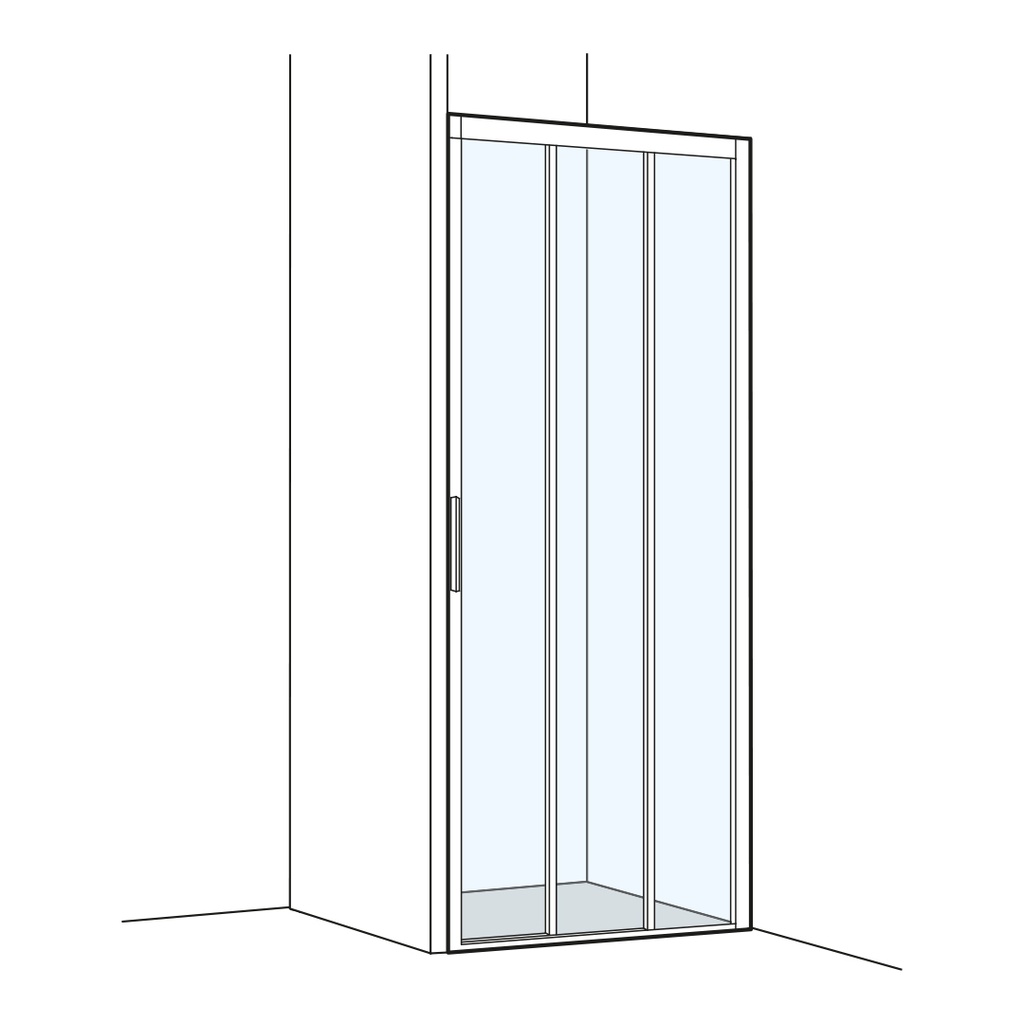 [1613H0435] Porte coulissante S400PLUS NICHE 86-89 cm, H 200 cm 3 panneaux, partie fixe à droite, MESURES EXACTES SELON PRISE DE MESURE, verre véritable clair, argent poli