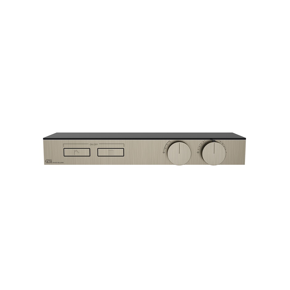 [1621C2204] Partie apparente pour mitiguer thermostatique avec support tablette, deux fonctions avec touche on/off. Support tablette en crystal trempé noir, 149 Finox Brushed Nickel