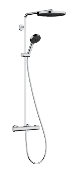 [1621C2224] Colonne de douche Pulsify S Puro Showerpipe, douche de tête ronde amovible diam. 260 mm 1jet avec thermostat Ecostat Fine E 150 mm, raccords à visser 1/2" et douchette 3jet, groupe acoustique I, classe énergie C, chromé