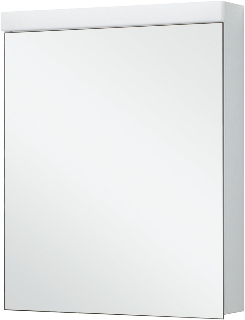 Armoire de toilette Duplex Eco 60 x 73.8 x 14.1 cm Profilé en aluminium 1 porte à double miroir charnière à gauche ou à droite éclairage LED direct 10.08 Watt 1 prise double en haut, changeable 2 tablettes en verre, IP24, couleur lum. blanc froid 4000K, classe énergie C, blanc