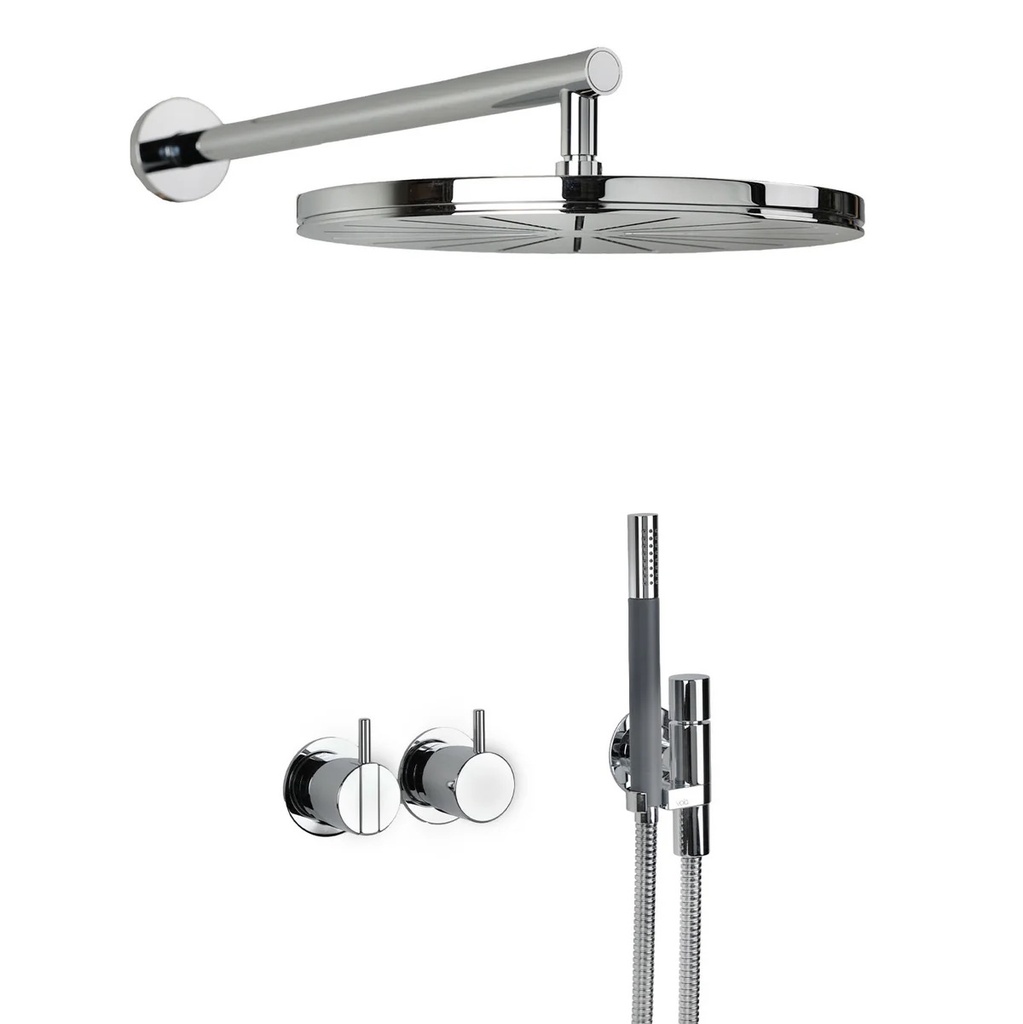 [1621C2238] Partie visible 2400, douche à main T2 avec flexible de douche métal, douche de tête ronde, fixation murale, inverseur sur 156 mm et sortie séparée, poignée standard 25 mm, rosace, flexible métal 1.50 m, sans corps à encastrer 2400F, couleur 16 CHROME BRILLANT