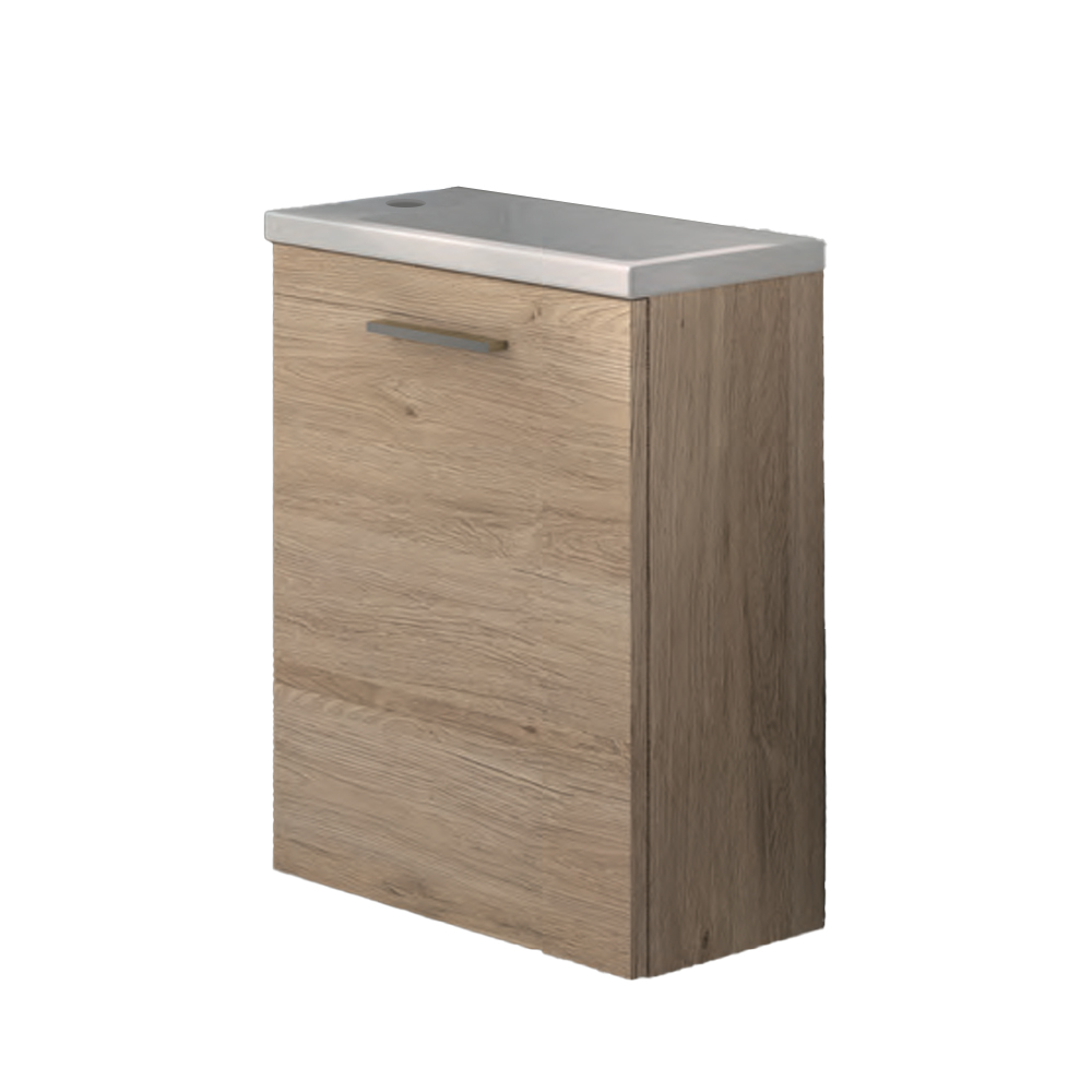 [1616C4397] Ensemble meuble-vasque LEA 40.5x58.7.2x22 cm, lave-mains céramique blanc brillant réversible sans trop plein, livré avec bonde de vidage à écoulement libre chromé, trou pour robinetterie sur le coté de la vasque au centre, meuble charnière à droite, avec poignée visible, finition B, couleur à choix