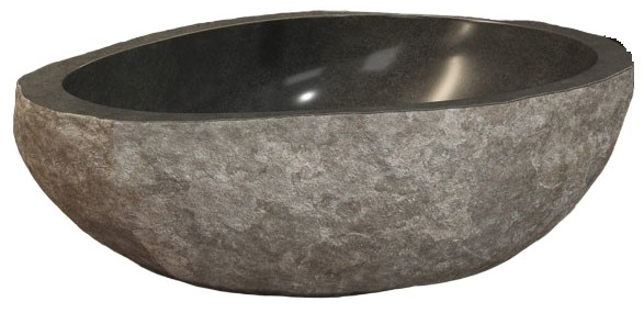 [1624C0934] Vasque à poser en pierre naturelle RIVER STONE, diamétre 500-550 x H 150 mm, Gris (Attention : chaque vasque est unique)