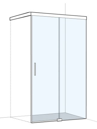 [1613C0537] Porte coulissante S505PLUS pour cloison latérale 110-140 cm, H 200 cm sans cadre, 2 panneaux partie fixe à droite Soft-Stop, fonction Self-Close guidage magnétique, profil contre l'éclaboussement MESURES EXACTES SELON PRISE DE MESURE, verre véritable clair, argent mat