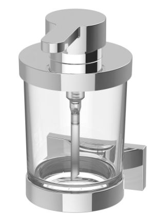 Distributeur de savon SWING récipient 0,24 litre en verre Tritan clair incassable sans BPA, montage Adesio pour collage ou perçage avec matériel de fixation sans colle SikaFast, chromé