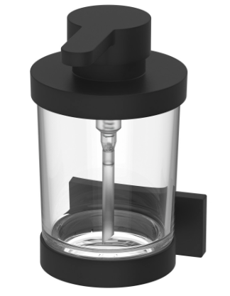 Distributeur de savon SWING récipient 0,24 litre en verre Tritan clair incassable sans BPA, montage Adesio pour collage ou perçage avec matériel de fixation sans colle SikaFast, noir mat