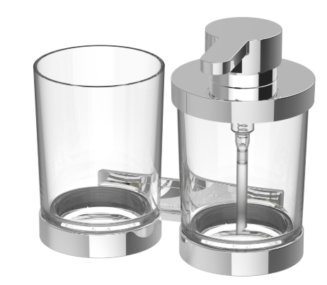 Distributeur de savon SWING et porte-verre récipient 0,24 litre et verre en verre clair montage Adesio pour collage ou perçage, avec matériel de fixation, sans colle SikaFast, chromé
