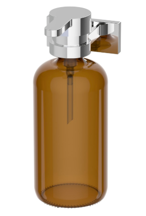 Distributeur de savon SWING avec bouteille en verre brun filetage 28/410, montage Adesio pour collage ou perçage avec matériel de fixation sans colle SikaFast, chromé