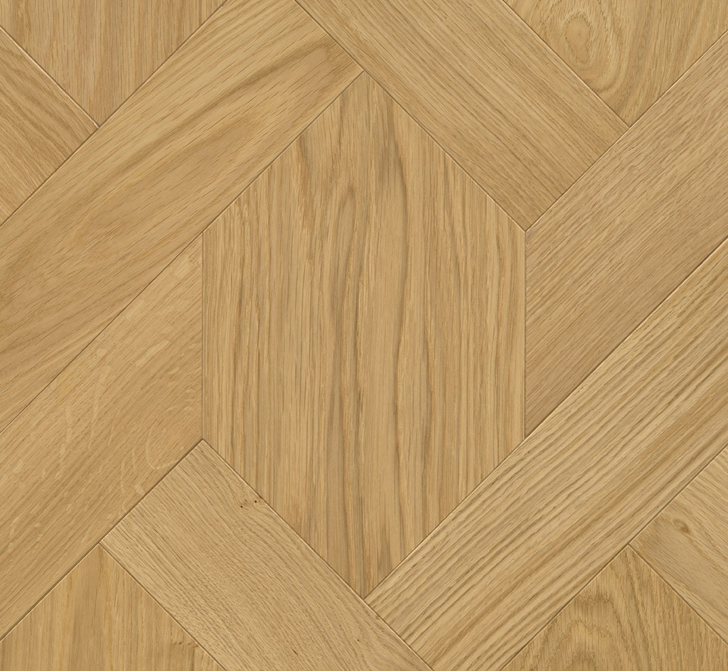 Parquet Frise en trapèze / Frise hexagonale Cheverny composé de différentes formes Natur chêne vernis mat - Mini chanfrein sur 4 côtés - 4 lames/cart. - 791x791x15/3.5 mm - 0.625m2/cart. - 72.50m2/pal. - 8.28 kg/m2