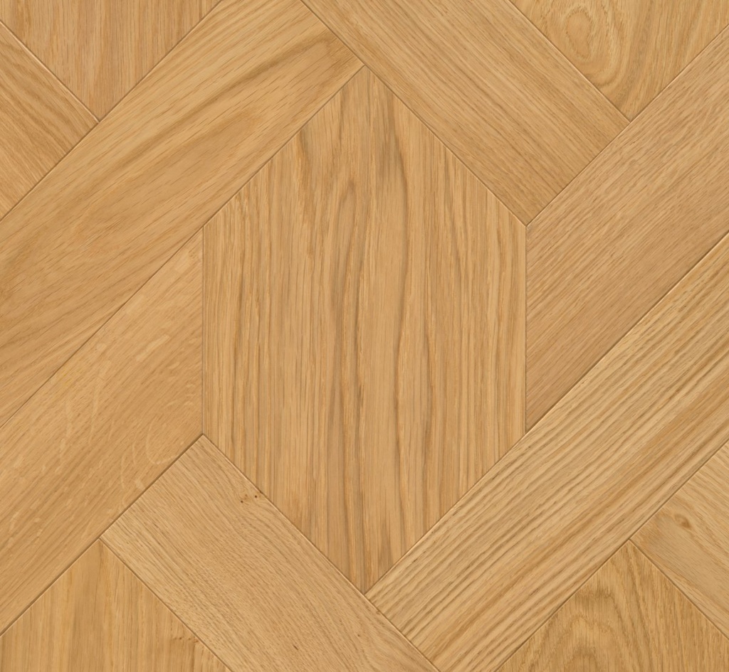 Parquet Frise en trapèze / Frise hexagonale Cheverny composé de différentes formes Natur chêne huilé naturel - Mini chanfrein sur 4 côtés - 4 lames/cart. - 791x791x15/3.5 mm - 0.625m2/cart. - 72.50m2/pal. - 8.28 kg/m2