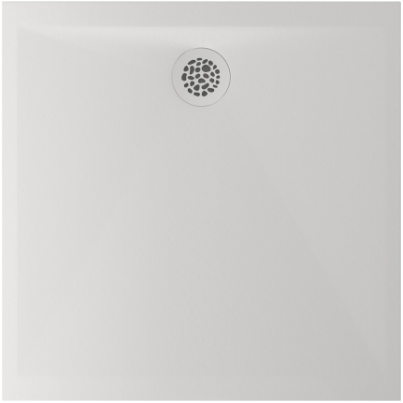 Receveur de douche AZUR 80 x 80 x 2 cm fonte de marbre écoulement latéral, D 90 mm, avec couvercle bonde réversible, sans vidage 150.556.00.1, blanc mat