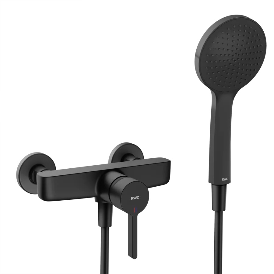 Mélangeur de douche FUN E 153 mm, raccords d'arrêt 1/2" x 1/2", avec douche tuyau de douche 160 cm, Classe d'énergie A, Groupe acoustique I, Noir mat