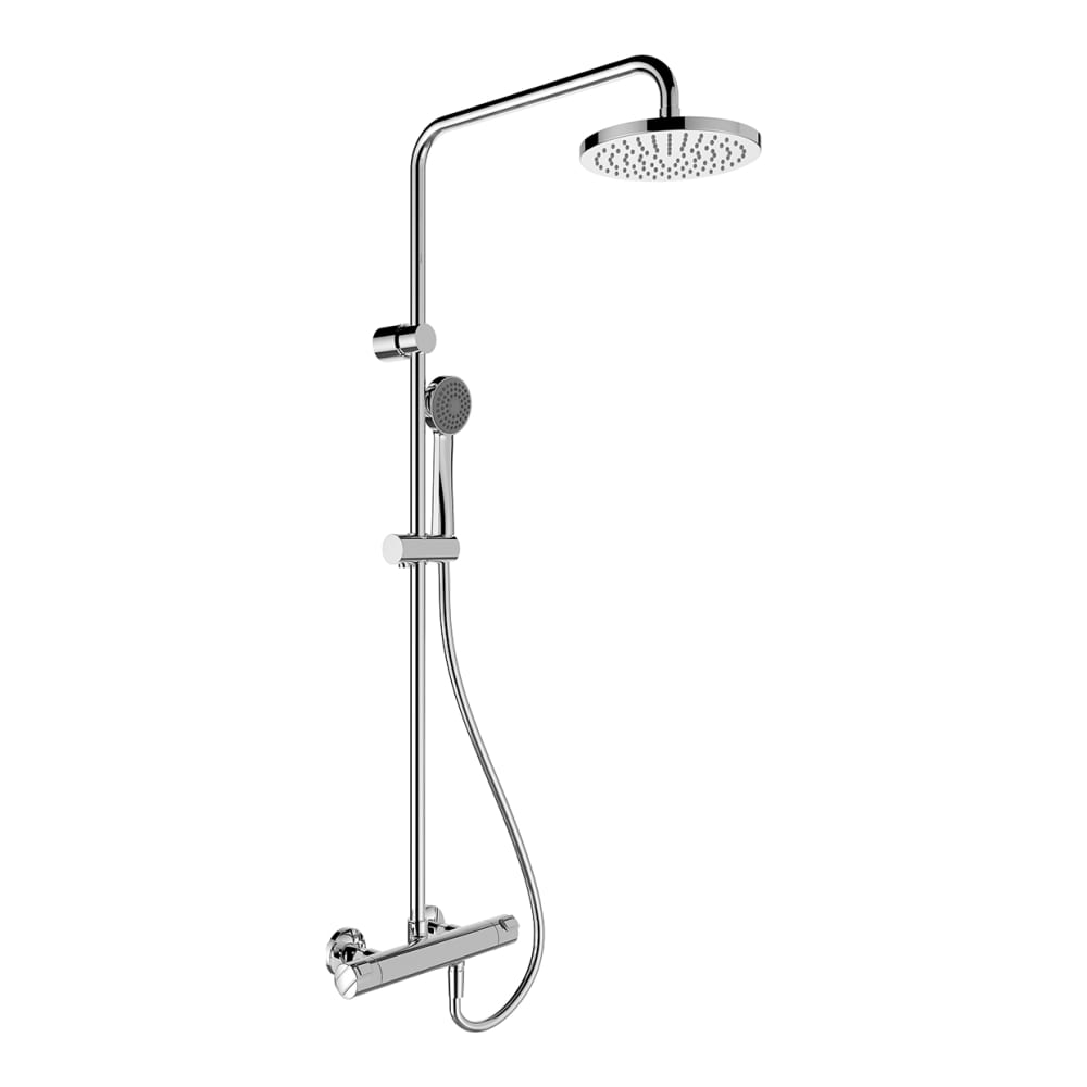 Système de douche POLIS THERMOSTAT, E 153 mm mélangeur de douche Thermostat, raccords d'arrêt 1/2" x 1/2", douche de pluie D 206 mm, tuyau de douche 150 cm, douche AquaJet Rubi-Clean, groupe acoustique I, chromé