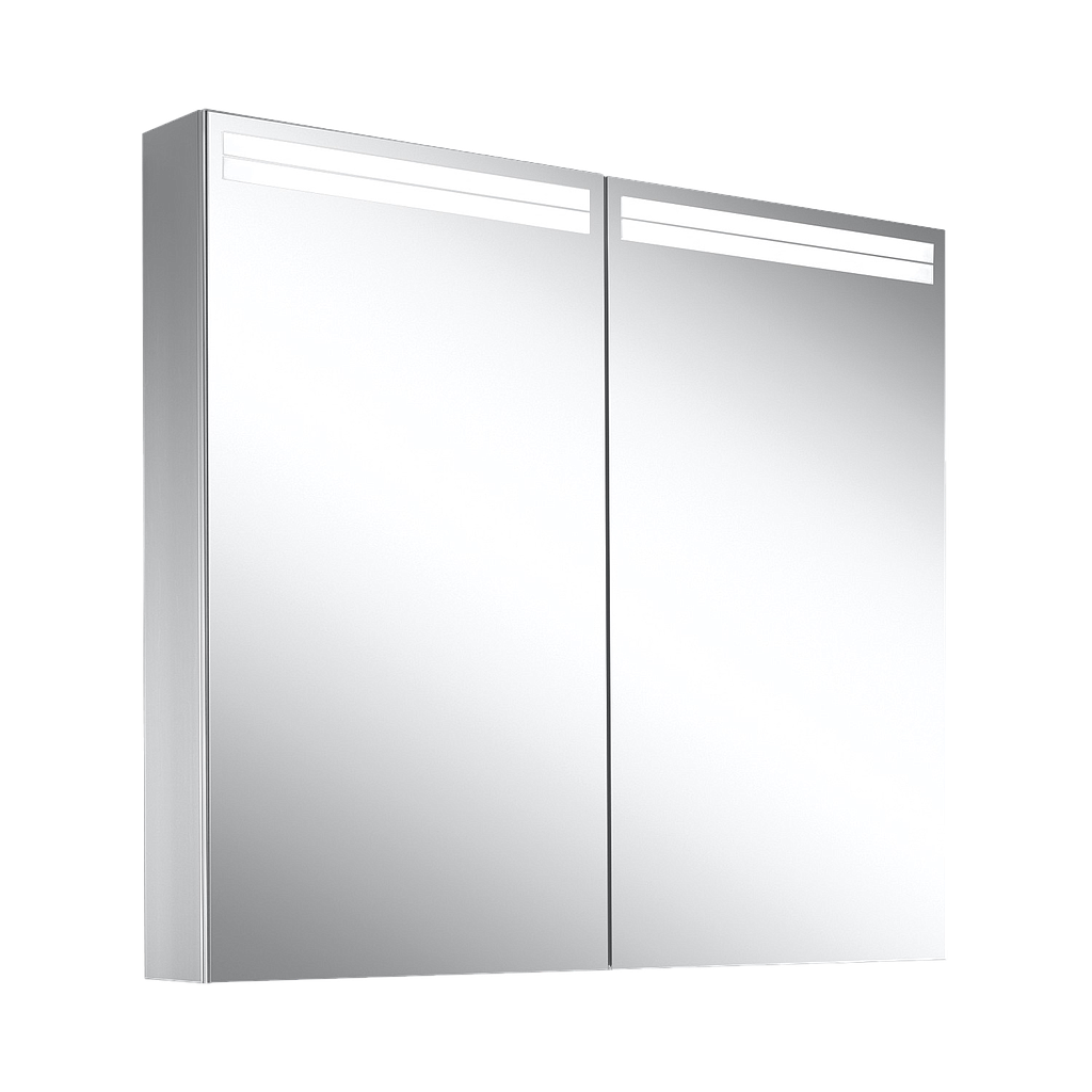 Armoire de toilette ARANGA (anc. ARANGALINE TW) 80 x 70 x 12 cm profil en aluminium pour montage AP ou UP, prises double en haut à droite ou à gauche, prise double en bas à droite de la paroi intermédiaire, 2 portes à double miroir, LED dimmable, en haut et en bas 33 W, dessus et dessous séparément commutable température de la couleur 2000-6500 K, bouton pour les fonctions à l'intérieur du profilé latéral, miroir grossissant IP44, argent éloxé
