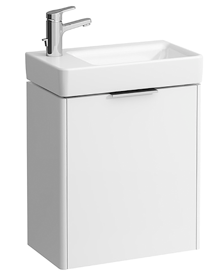 Meuble de base lave main - PRO S - 470 x 265 x 530 mm - 1 porte - 1 étagère en verre - Charnière de porte à gauche, Blanc brillant