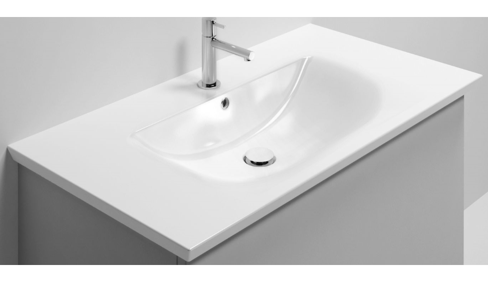 Lavabo TAK 90 cm en céramique,  L 95 cm - P 53 cm, vasque centrée, avec trop-plein, 1 trou de robinetterie, bonde et cache-bonde inclus pour sous-meuble prof. 50 cm, blanc