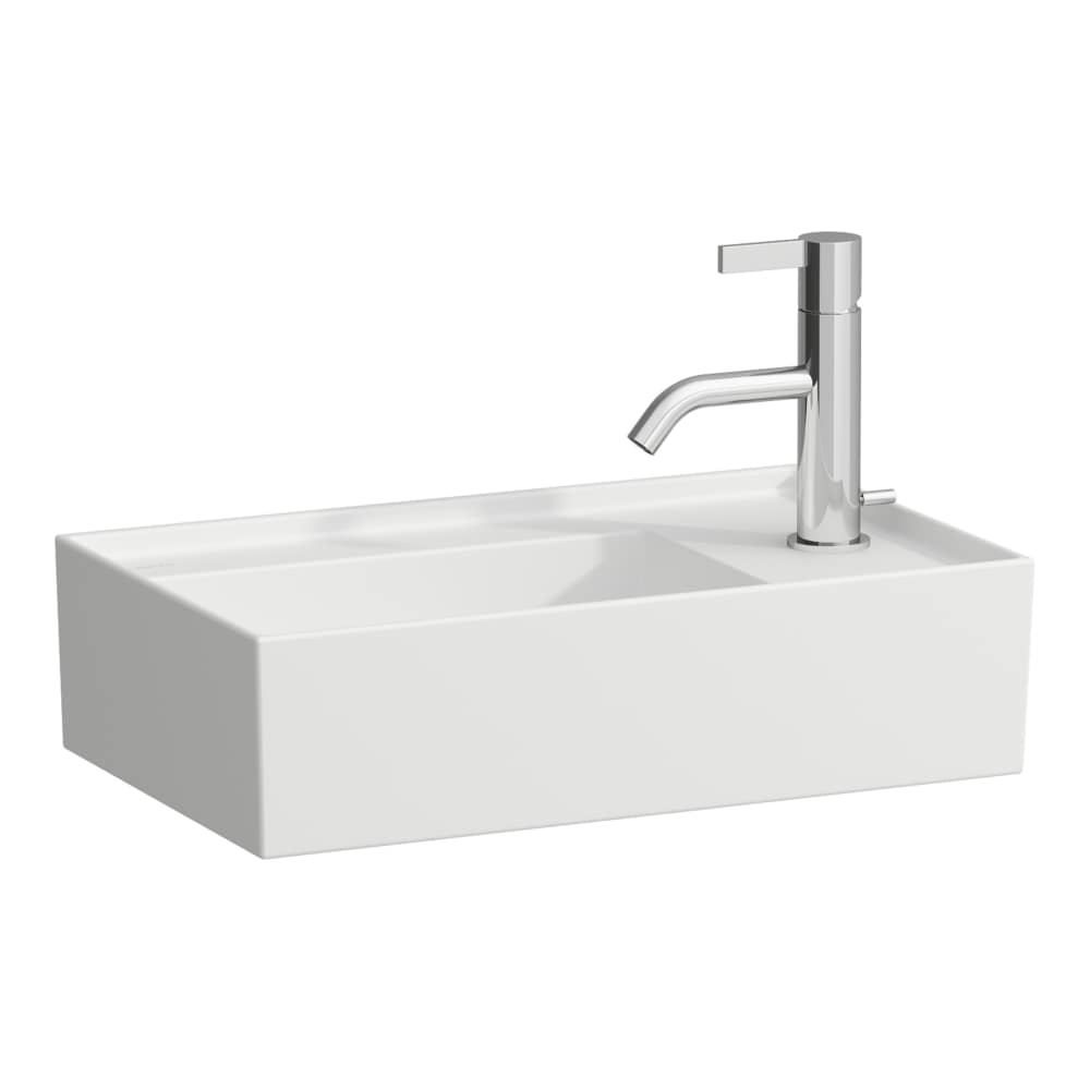 Lave-mains KARTELL 46 x 28 cm, SaphirCéramique pour meuble suspendu, tablette de robinetterie à droite sans trop-plein, incl. soupape d'ecoulement sans trop-plein premonté, 1 trou robin., standard, blanc mat