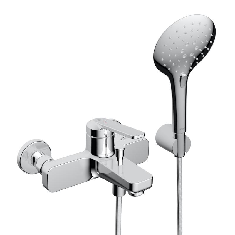 Mélangeur de bain BELLA E 153 mm, raccords d'arrêt 1/2" x 3/4", avec douchette et flexible 180 cm, support, groupe acoustique NT, chromeline