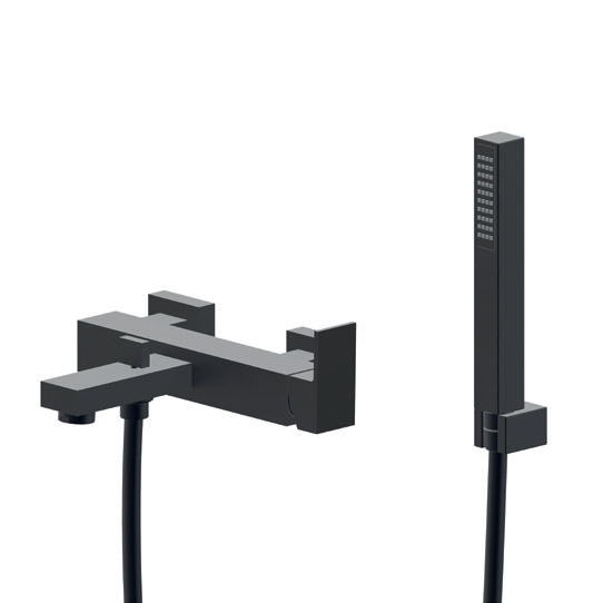 Mélangeur de bain complet ERGO-Q, E 150 mm, avec raccords excentriques 1/2 x 3/4, flexible 150 cm et douche à main y compris support pour douchette à main, noir mat
