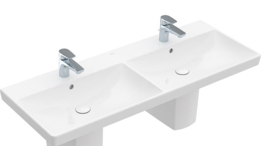 Lavabo double 120 x 47 cm AGORA, céramique pour meuble suspendu, avec trop-plein, 2 trous robin, standard, blanc