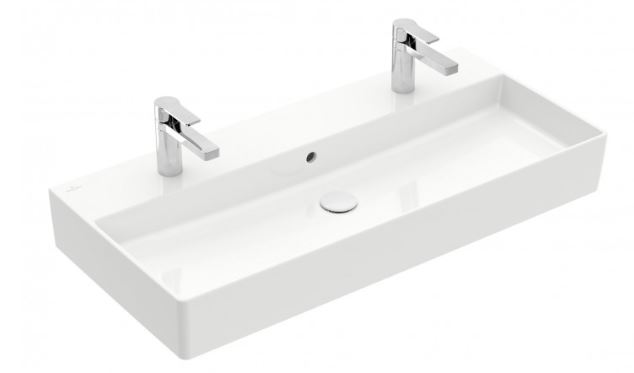 Lavabo MEMENTO 2.0 100 x 47 cm, céramique avec trop-plein, côté inférieur poli, 2 trous robin., standard, blanc