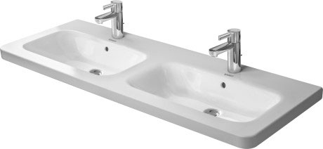 Lavabo double DURASTYLE 130 x 48 cm, céramique pour meuble suspendu avec trop-plein, tablette de robinetterie, 2 trous robin., standard, blanc