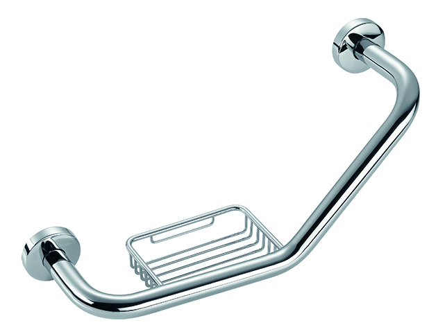 Barre d'appui coudée 41.7 x 19.7 cm (réversible G/D), savonnière à barrettes, rosace ronde, chromé