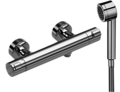 Mélangeur de douche POLIS THERMOSTAT, E 153 mm, raccords d'arrêt 1/2" x 1/2", tuyau de douche Simiflex 150 cm, douche AquaJet RubiClean, groupe acoustique I, chromé