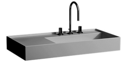 Lavabo KARTELL 90 x 46 cm, SaphirCéramique pour meuble suspendu, tablette à gauche, sans trop-plein vidage caché, incl. soupape d'ecoulement sans trop-plein premonté, 1 trou robin., standard, blanc mat
