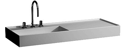Lavabo KARTELL 120 x 46 cm, SaphirCéramique pour meuble suspendu, tablette à droite, sans trop-plein vidage caché, incl. soupape d'ecoulement sans trop-plein premonté, 1 trou robin., standard, blanc mat