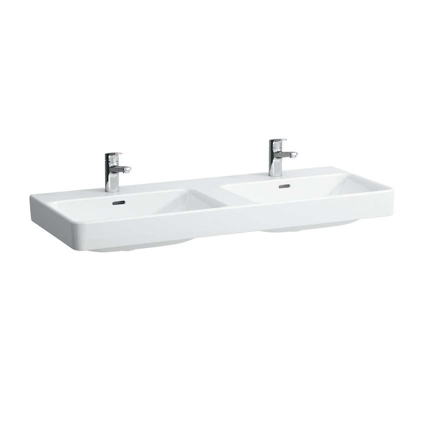 Lavabo double PRIVO 120 x 46 cm, céramique pour meuble suspendu, avec trop-plein, 2 trous robin., standard, blanc