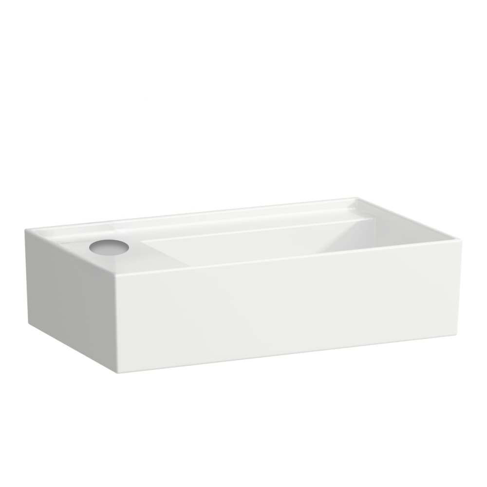 Lave-mains KARTELL 46 x 28 cm, SaphirCéramique pour meuble suspendu, tablette de robinetterie à gauche sans trop-plein, incl. soupape d'ecoulement sans trop-plein premonté, 1 trou robin., standard, blanc mat