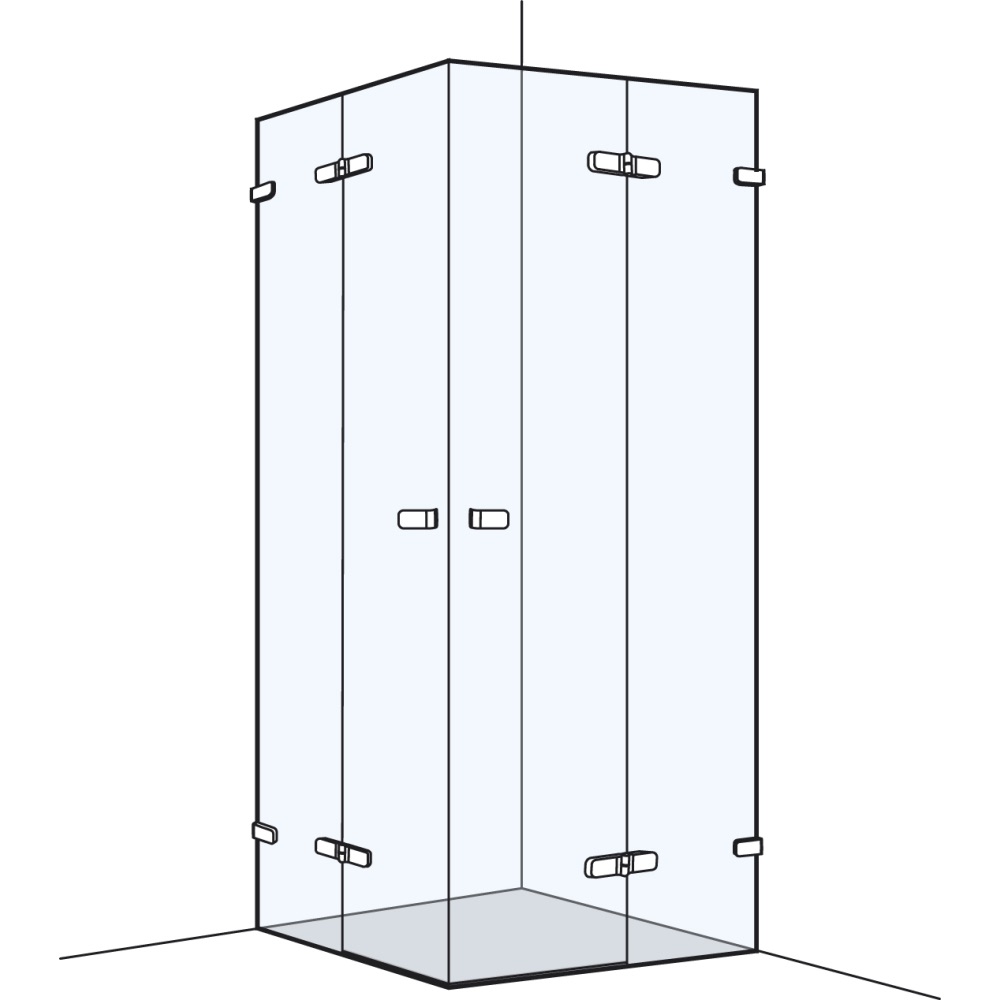 Entrée diagonale CINCO 70-100 x 70-100 cm, H 200 cm 2 portes pivotantes et 2 éléments fixes, sans cadre coude et charnières chrome profil contre l'éclaboussement MESURES EXACTES SELON PRISE DE MESURE, verre véritable clair, chromé brillant