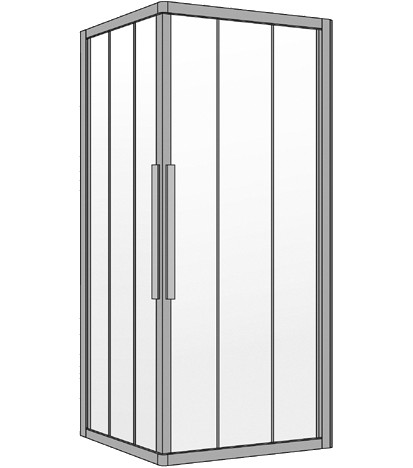 Entrée diagonale QUATTUOR 88-90 x 88-90 cm, H 200 cm portes coulissantes 3 panneaux, verre véritable clair, couleur d'argent mat