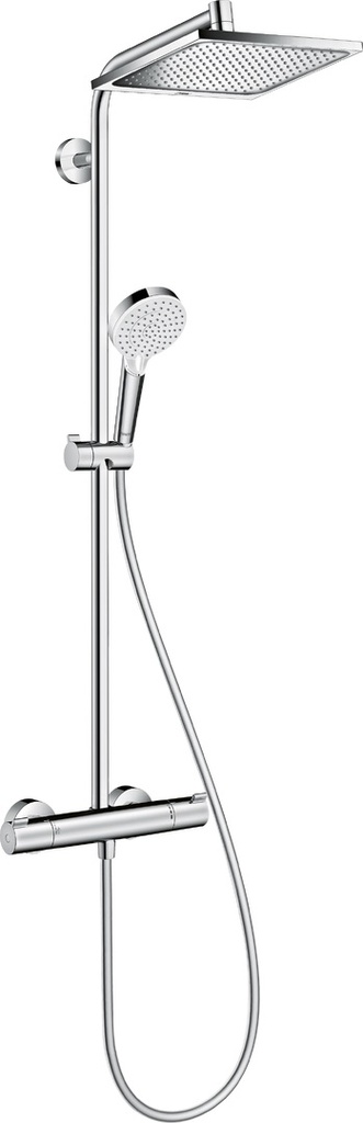 Système de douche CALMA E 240 1JET, mélangeur de douche, thermostat 1/2" robinet d'arrêt inverseur douche de tête E 240 1jet 240 x 240 mm, Quick Clean brase de douche 350 mm, douche à main, tuyau de douche 160 cm débit 15 l/min groupe acoustique I, chromé