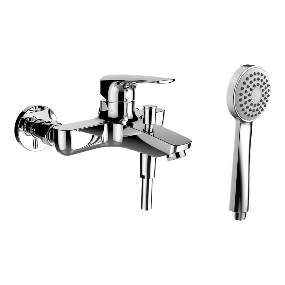 Mélangeur de bain LAURUS E 153 mm, raccords d'arrêt flexible de douche 160 cm douche à main 1 jet, groupe acoustique I, chromé