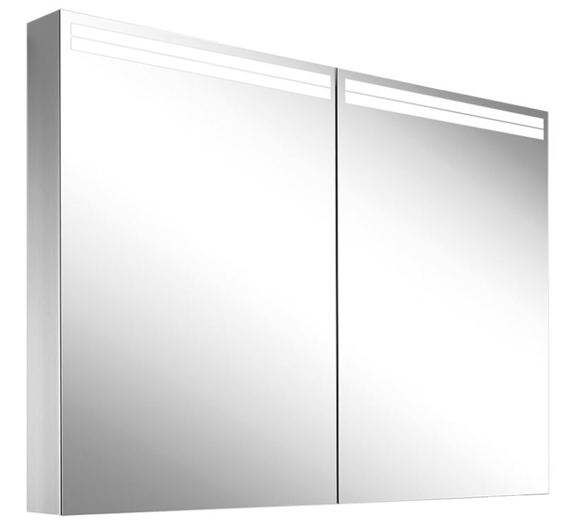 Armoire de toilette ARANGA (anc. ARANGALINE TW) 100 x 70 x 12 cm profil en aluminium pour montage AP ou UP, prises double en haut à droite ou à gauche, prise double en bas à la paroi intermédiaire à droite, 2 portes à double miroir, LED dimmable, en haut et en bas 39 W, dessus et dessous séparément commutable 2000-6500 K, bouton pour les fonctions à l'intérieur du profilé latéral, miroir grossissant IP44, argent éloxé