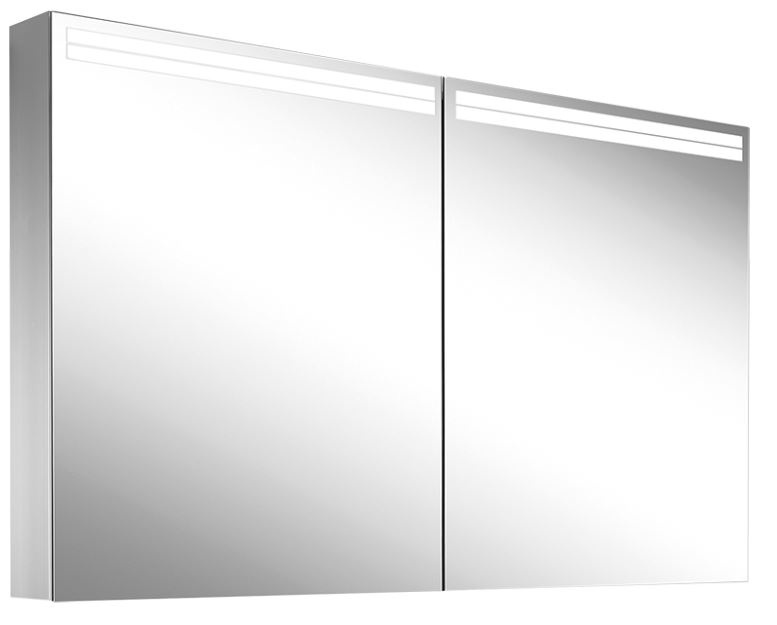 Armoire de toil. ARANGA (anc. ARANGALINE TW) 120 x 70 x 12 cm profil en aluminium pour montage AP ou UP, prises double en haut à droite ou à gauche, prise double en bas à la paroi intermédiaire à droite, 2 portes à double miroir, LED dimmable, en haut et en bas 49 W, dessus et dessous séparément commutable 2000-6500 K, bouton pour les fonctions à l'intérieur du profilé latéral, miroir grossissant IP44, argent éloxé