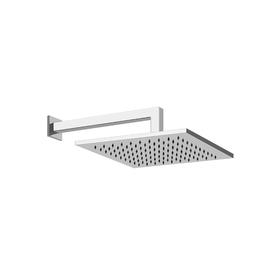 Tête de douche carrée EMPORIO Diam. 30 x 30 cm, avec bras mural de douche 1/2" L= 33.8 cm, modèle coude carré avec rosace carré, groupe acoustique I, débit 9 l/min, chromé